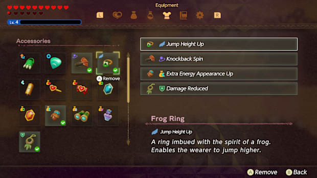 Zelda Echoes of Wisdom: A menu screen showing equipped accessories including a Frog Ring which lets Zelda jump higher. 