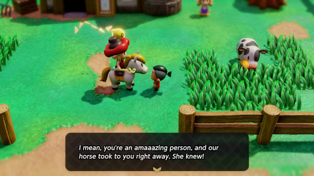 Zelda Echoes of Wisdom: Zelda riding a horse while dressed in a stamp costume, talking to a man at a ranch. 