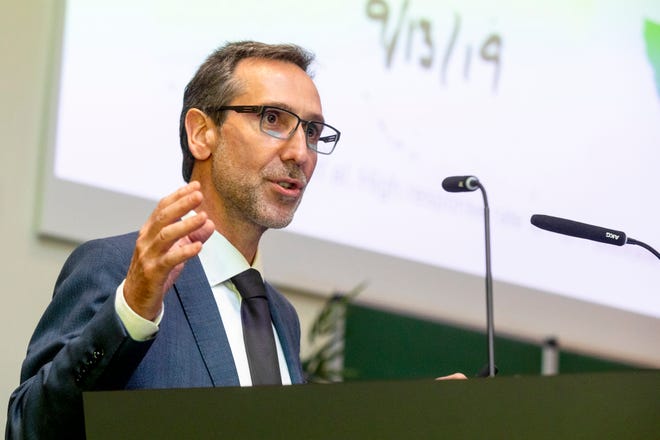 Scientist Antoni Ribas delivers a speech at a symposium on immunotherapy at the UZ hospital in Brussels on Wednesday 17 November 2021. BELGA PHOTO HATIM KAGHAT (Photo by HATIM KAGHAT/BELGA MAG/AFP via Getty Images)