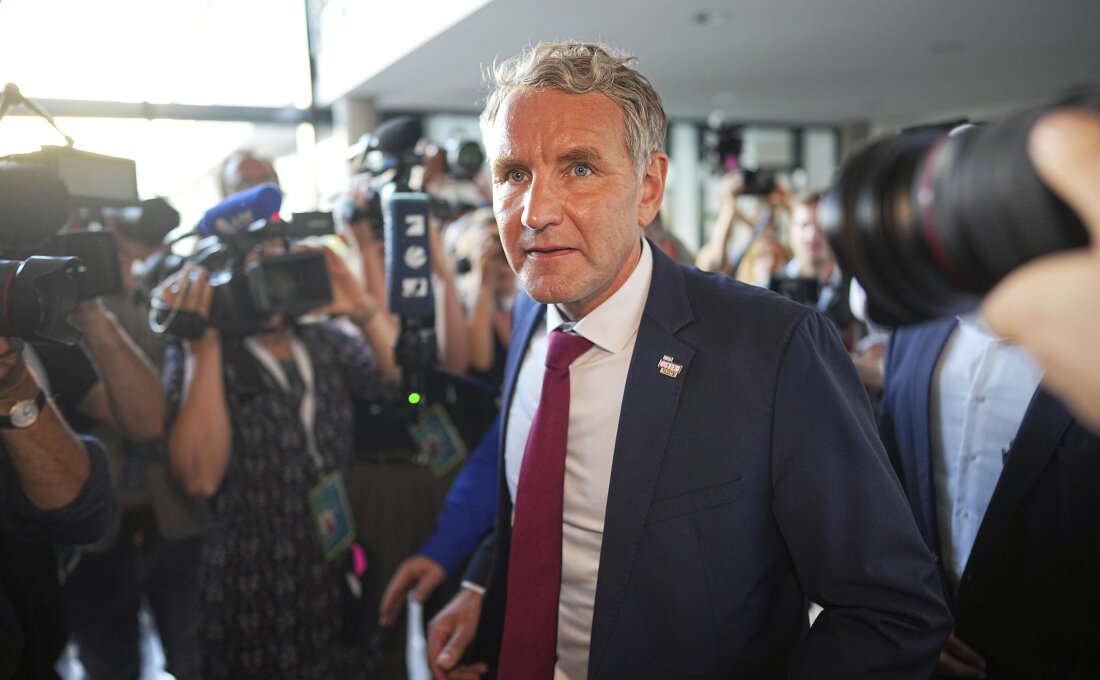 Bjorn Hecke (AfD) after the publication of the first forecasts for the state election in Saxony and Thuringia, in Erfurt, Germany, on Sunday.