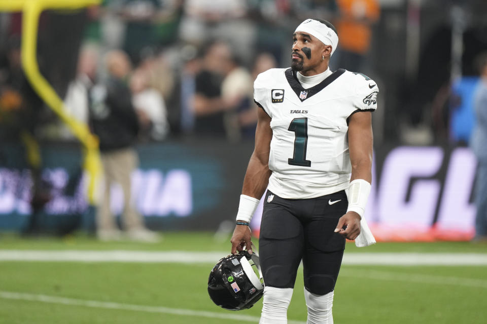 Philadelphia Eagles quarterback Jalen Hurts started this season with an interception. (AP Photo/Fernando Llano)