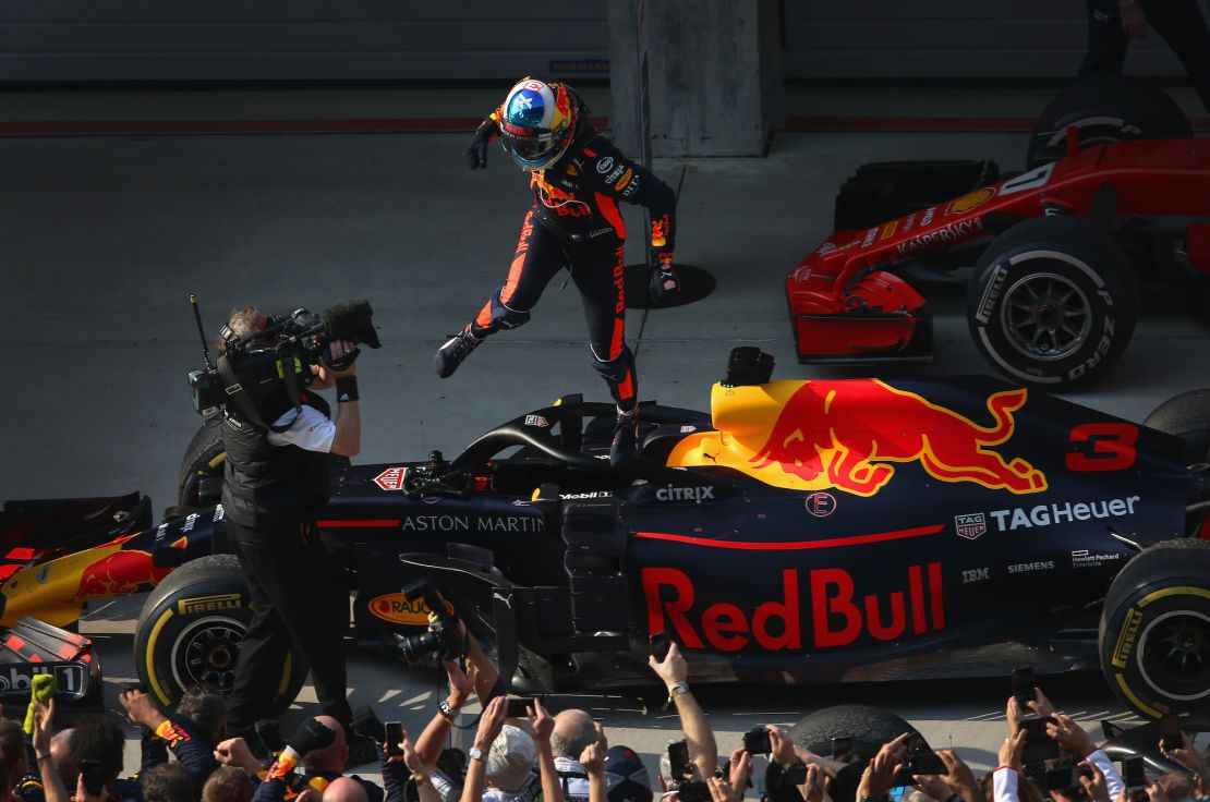 Ricciardo celebrates winning the 2018 Chinese Grand Prix with Red Bull.