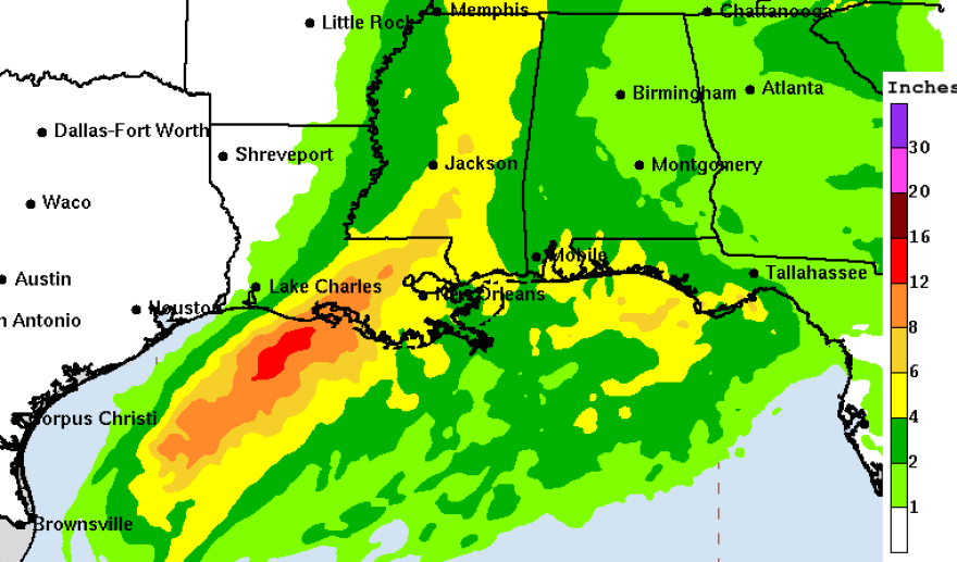 Francine is expected to bring storm total rainfall of 4 to 8 inches, with local amounts to 12 inches across eastern Louisiana.