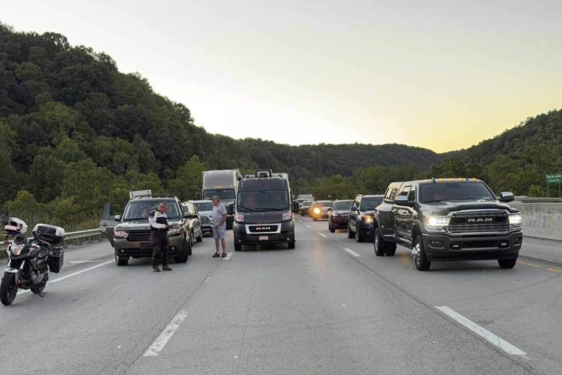 This image released by the Mount Vernon Fire Department shows traffic stopped during an active shooting on Interstate 75 north of London, Ky., on Saturday.