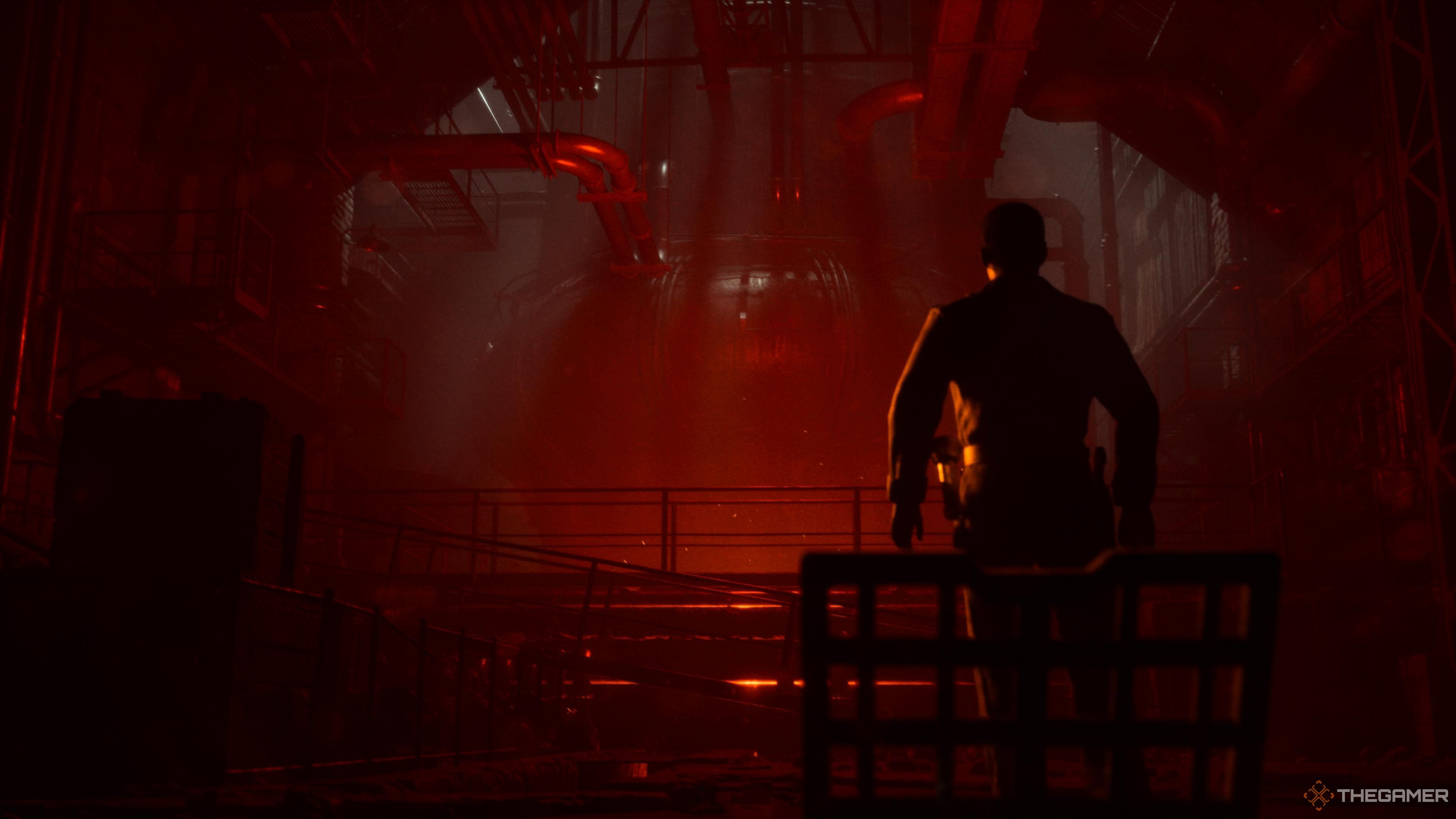 The Casting of Frank Stone police officer Sam Green entering the Cedar Steel Mill furnace which is lit up a bright crimson red