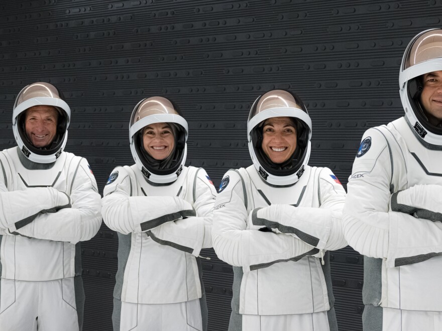 From left, Scott Poteet, Anna Menon, Sarah Gillis, and Jared Isaacman are set to conduct the first private spacewalk. Gillis and Isaacman will exit their Dragon capsule float above the earth in new spacesuits from the commercial spaceflight company SpaceX.