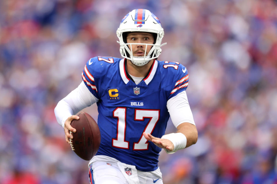 ORCHARD PARK, NEW YORK - SEPTEMBER 08: Josh Allen #17 of the Buffalo Bills scrambles for a touchdown during the fourth quarter against the Arizona Cardinals at Highmark Stadium on September 08, 2024 in Orchard Park, New York. (Photo by Bryan M. Bennett/Getty Images)