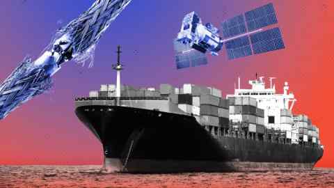 Montage of images of a container ship, a satellite and a fraying submarine optical fibre cable