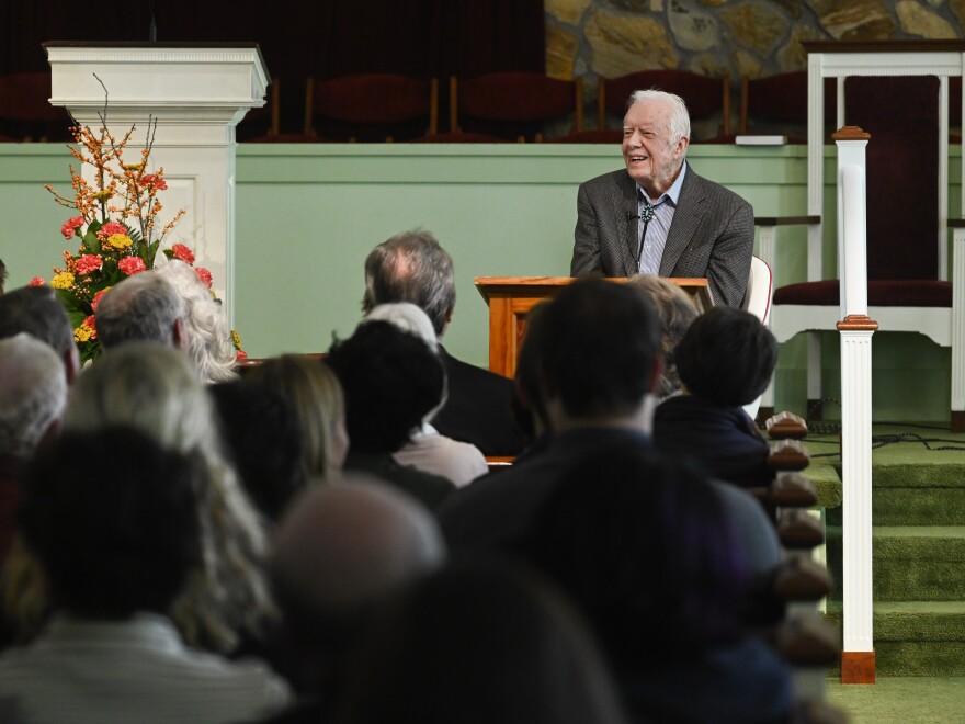 Carter teaches Sunday school at Maranatha Baptist Church in November 2019, in Plains, Ga. He regularly taught Sunday school at the church for decades.