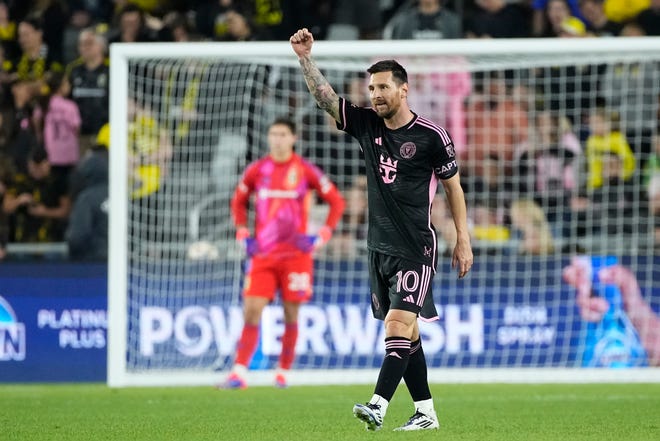 Oct 2, 2024; Columbus, OH, USA; Inter Miami CF forward Lionel Messi (10) celebrates his second of two goals during the first half of the MLS soccer game against the Columbus Crew at Lower.com Field.