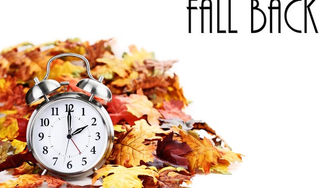 Alarm clock in colorful autumn leaves isolated against a white background with light shadow and shallow depth of field. Daylight savings time concept.