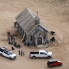 This aerial photo shows the Bonanza Creek Ranch in Santa Fe, N.M., on Oct. 23, 2021, a set location used for the film Rust. The Western movie will premiere for the first time next month in Poland.