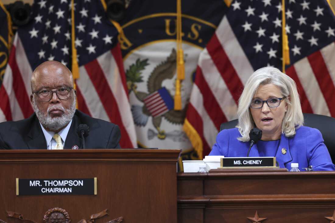 Liz Cheney (right) presides alongside Rep. Bennie Thompson (D-Miss.) over a hearing on the January 6th investigation on June 09, 2022 on Capitol Hill. Cheney has said she will vote for Kamala Harris because she believes Donald Trump poses a danger to American democracy.