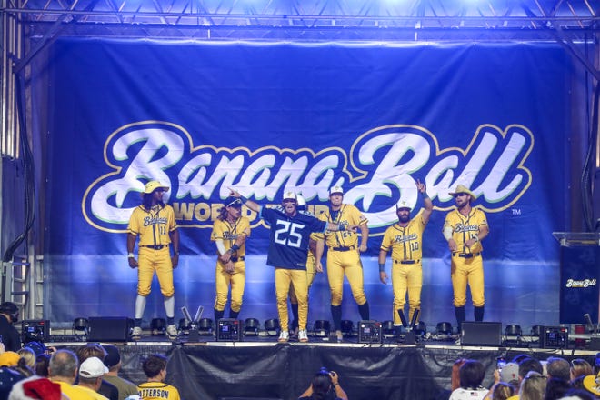 DR Meadows sports a Tennessee Titans jersey after announcing that the Savannah Bananas will play in Nashville during the 2025 Banana Ball World Tour City Draft on Thursday, October 3, 2024 at Historic Grayson Stadium.