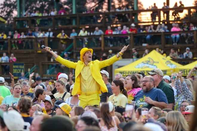 Savannah Bananas owner Jesse Cole sings with the fans during the 2025 Banana Ball World Tour City Draft on Thursday, October 3, 2024 at Historic Grayson Stadium.