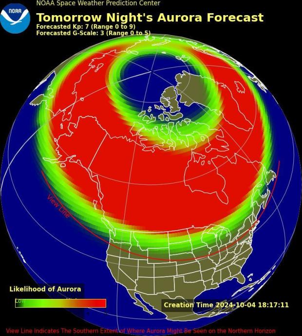 A map from the Space Weather Prediction Center shows the aurora forecast for the U.S. on Oct. 5, 2024. 