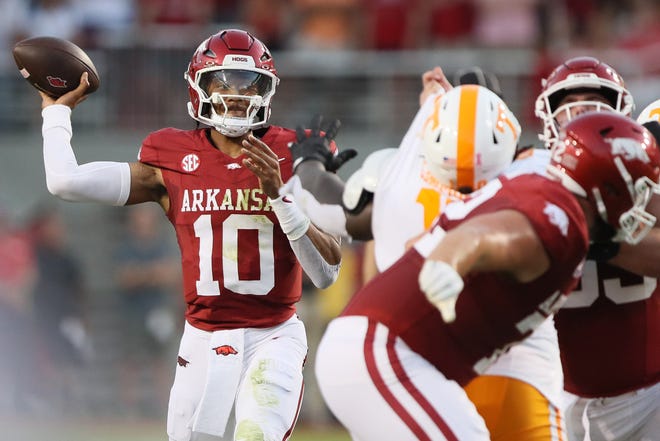 Oct 5, 2024; Fayetteville, Arkansas, USA; Arkansas Razorbacks quarterback Taylen Green (10) passes in the first quarter against the Tennessee Volunteers at Donald W. Reynolds Razorback Stadium. Mandatory Credit: Nelson Chenault-Imagn Images