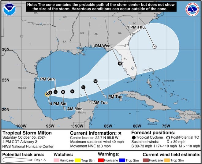 The National Hurricane Center is forecasting that Tropical Storm Milton will reach Florida's Gulf Coast midweek as a major Category 3 hurricane.