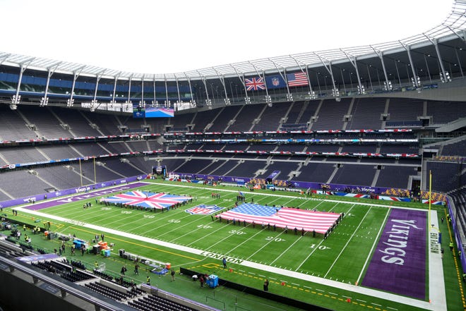 Oct 6, 2024; London, United Kingdom; British and United States flags on the field at Tottenham Hotspur Stadium. Mandatory Credit: Kirby Lee-Imagn Images