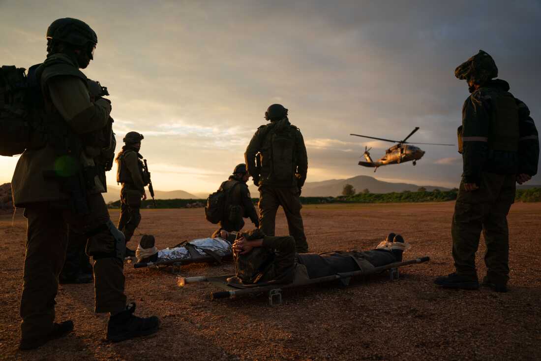 Israeli soldiers practice evacuating wounded people with a helicopter during a military drill in northern Israel, in preparation for a potential escalation in the conflict between Israel and the Hezbollah militant group in Lebanon, on Feb. 20.