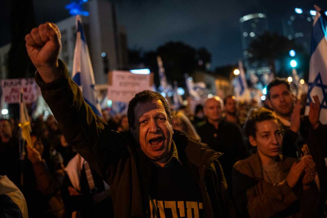 Demonstrators gather in Tel Aviv to protest against Israeli Prime Minister Benjamin Netanyahu's government and to call for the release of hostages still held in Gaza, on Feb. 24.