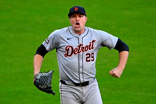 Tigers pitcher Tarik Skubal celebrates after a double play ended the fifth inning against the Guardians in Game 2 of the ALDS, Oct. 7, 2024, in Cleveland.