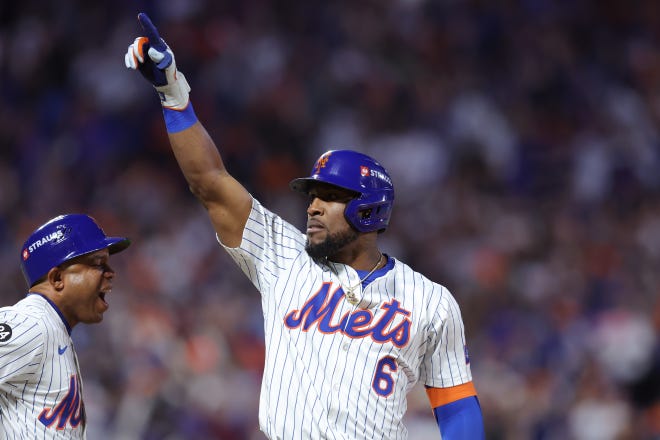 New York Mets outfielder Starling Marte (6) celebrates after hitting a two RBI single against the Philadelphia Phillies in the sixth inning during game three of the NLDS for the 2024 MLB Playoffs on Oct. 8, 2024, at Citi Field.