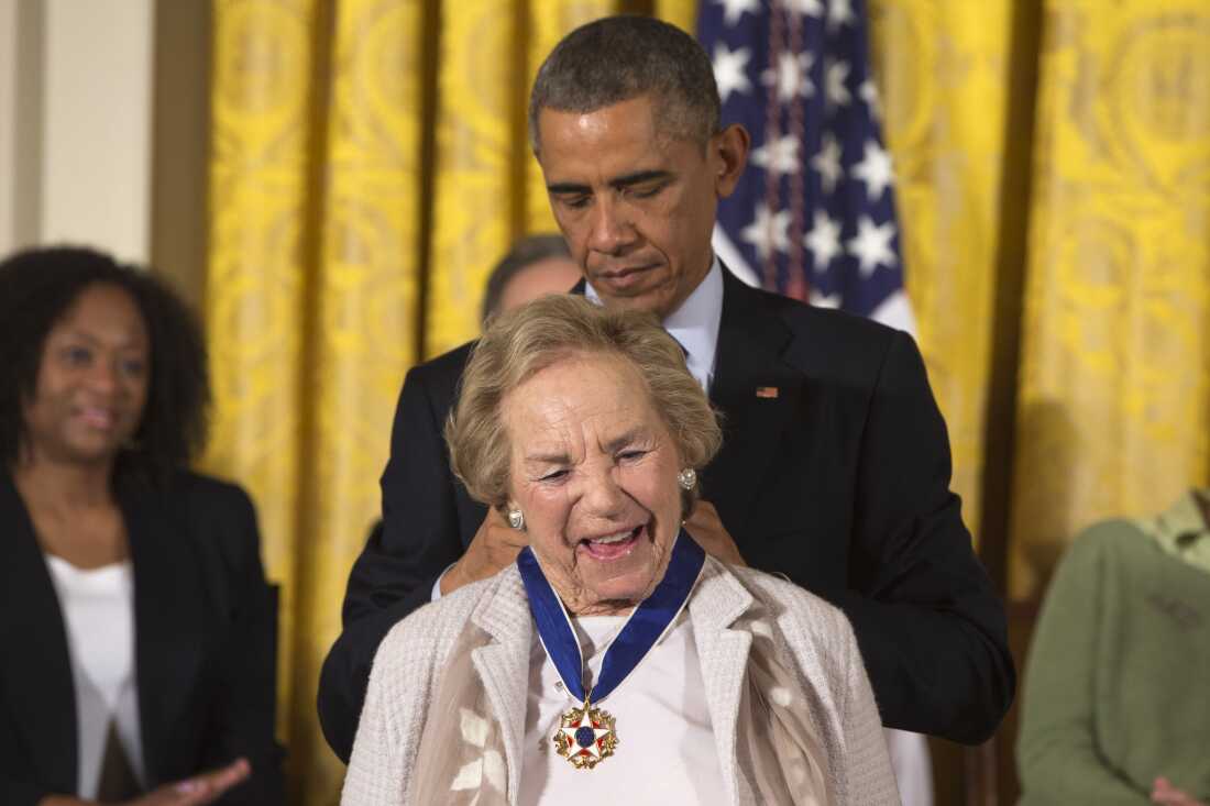 President Barack Obama awards Ethel Kennedy the Presidential Medal of Freedom on Nov. 24, 2014, during a ceremony in the East Room of the White House.