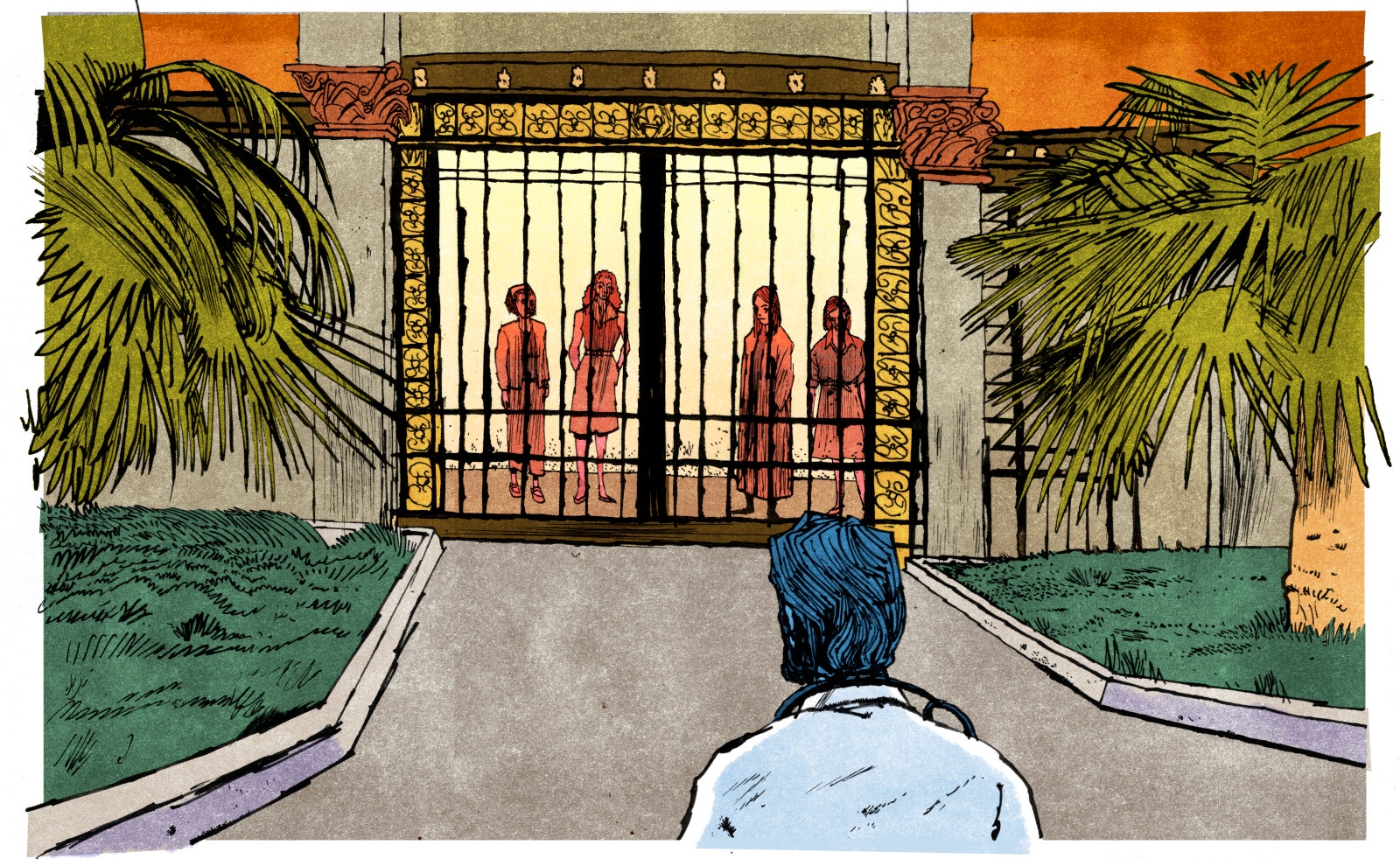 Illustration of a Doctor looking at women behind the gate of a compound.