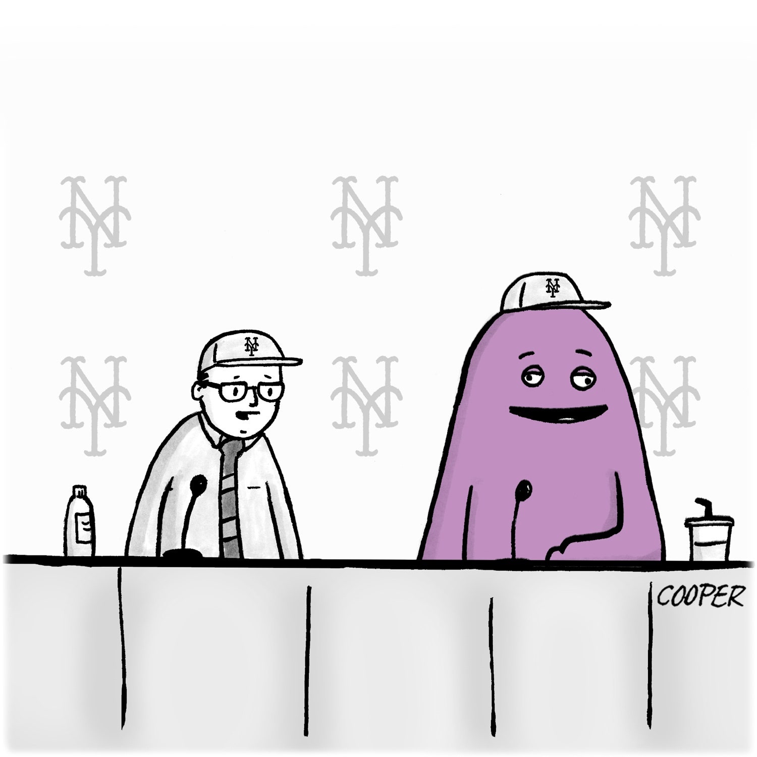 At a press conference a man in a Mets cap sits next to Grimace the large purple McDonalds mascot.