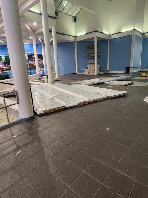 Pieces of a ceiling skylight fell to the floor in the terminal at Melbourne Orlando International Airport. No one was injured. The ceiling was damaged around 2 a.m. Thursday (Oct. 10, 2024), as Hurricane Milton passed through Central Florida.