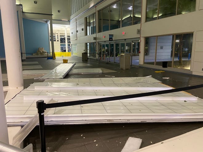 Hours after Hurricane Milton made landfall near Siesta Key, Florida, the storm's winds caused a 30-foot piece of skylight to fall from the roof of the Melbourne Orlando International Airport (across the state) at 2 a.m. Thursday, Oct. 10, 2024. The hole in the roof was 30-by-40 feet, according to Greg Donovan, executive director of Melbourne Orlando International Airport. Shown is the piece of skylight that fell.