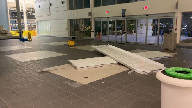 Hours after Hurricane Milton made landfall near Siesta Key, Florida, the storm's winds caused a 30-foot piece of skylight to fall from the roof of the Melbourne Orlando International Airport (across the state) at 2 a.m. Thursday, Oct. 10, 2024. The hole in the roof was 30-by-40 feet, according to Greg Donovan, executive director of Melbourne Orlando International Airport.