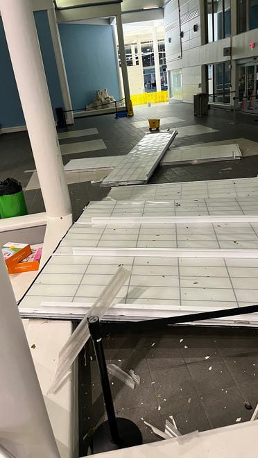 Pieces of a ceiling skylight fell to the floor in the terminal at Melbourne Orlando International Airport. No one was injured. The ceiling was damaged around 2 a.m. Thursday (Oct. 10, 2024), as Hurricane Milton passed through Central Florida.