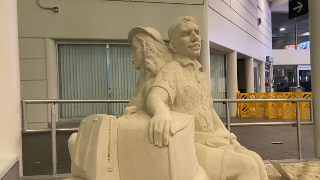 Three Sandsational sand sculptures at Melbourne Orlando International Airport avoided damage from Hurricane Milton. The storm's winds caused a 30-foot piece of skylight to fall from the roof about 2 a.m. Thursday, Oct. 10, 2024. Greg Donovan, executive director of Melbourne Orlando International Airport, said a NASCAR vehicle on display also avoided a direct hit from the busted skylight nearby.