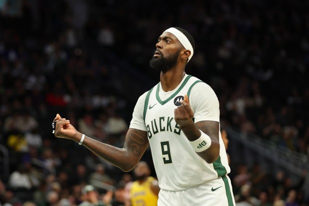 The Milwaukee Bucks’ Bobby Portis gestures after a 3-point shot...