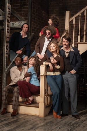 The original cast of Saturday Night Live are depicted in "Saturday Night," a movie about the show's first episode. They include (left to right), Garret Morris (Lamorne Morris), Chevy Chase (Cory Michael Smith), Laraine Newman (Emily Fairn), John Belushi (Matt Wood), Gilda Radner (Ella Hunt), Jane Curtin (Kim Matula) and Dan Aykroyd (Dylan O'Brien).