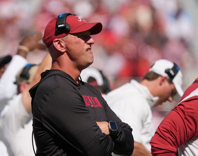 Oct 12, 2024; Tuscaloosa, Alabama, USA; Alabama Crimson Tide head coach Kalen DeBoer watches his team play against South Carolina at Bryant-Denny Stadium. Mandatory Credit: Gary Cosby Jr.-Imagn Images