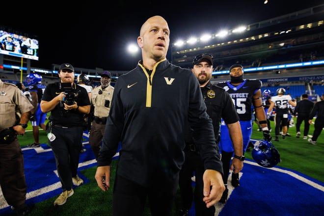 Oct 12, 2024; Lexington, Kentucky, USA; Vanderbilt Commodores head coach Clark Lea walks off the field after a game against the Kentucky Wildcats at Kroger Field. Mandatory Credit: Jordan Prather-Imagn Images