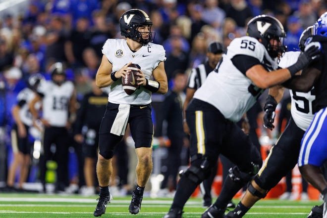 Oct 12, 2024; Lexington, Kentucky, USA; Vanderbilt Commodores quarterback Diego Pavia (2) drops back to pass against the Kentucky Wildcats during the second quarter at Kroger Field. Mandatory Credit: Jordan Prather-Imagn Images