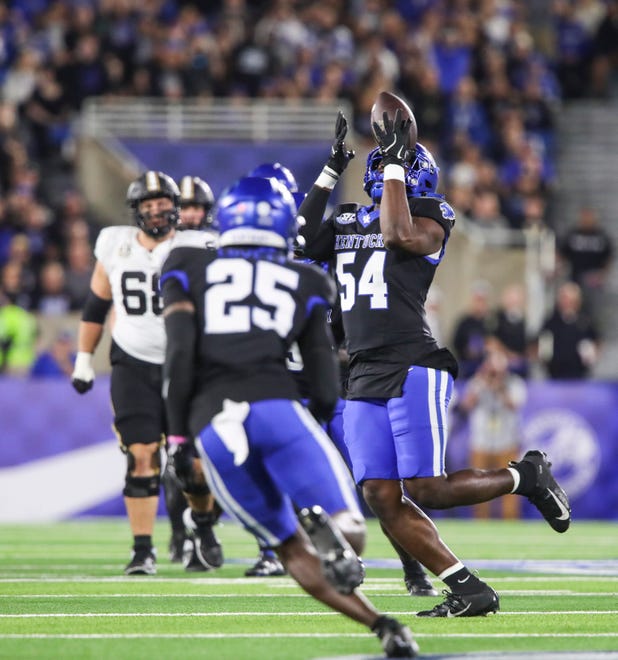 Linebacker D'Eryk Jackson (54) of the Kentucky Wildcats intercepts this pass in the first half against Vanderbilt Saturday, Oct. 12, 2024 in Lexington, Ky.