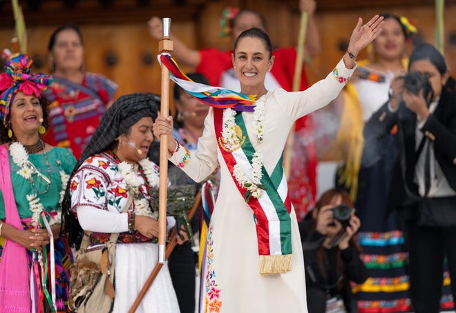 President Claudia Sheinbaum speaks at the nation's main plaza on Oct. 1, 2024 during a ceremony for the beginning of her mandate.