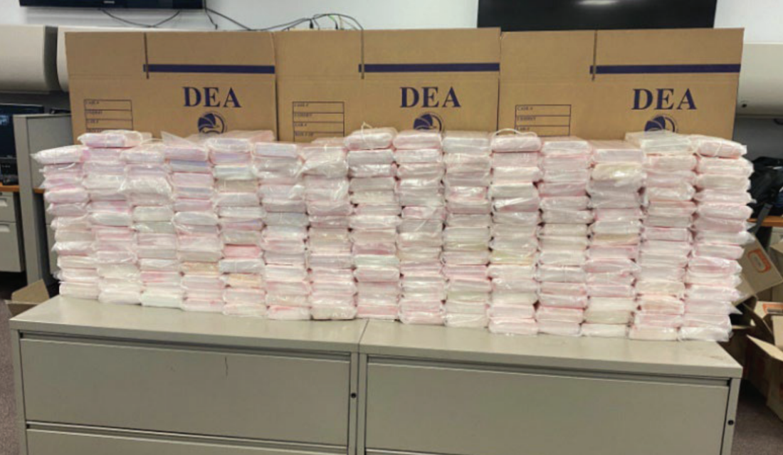 Stacks of cocaine are seen in a Justice Department image from Aug. 1, when some 201 kgs of cocaine were seized in Riverside County, Calif., as part of an investigation into an international trafficking ring.