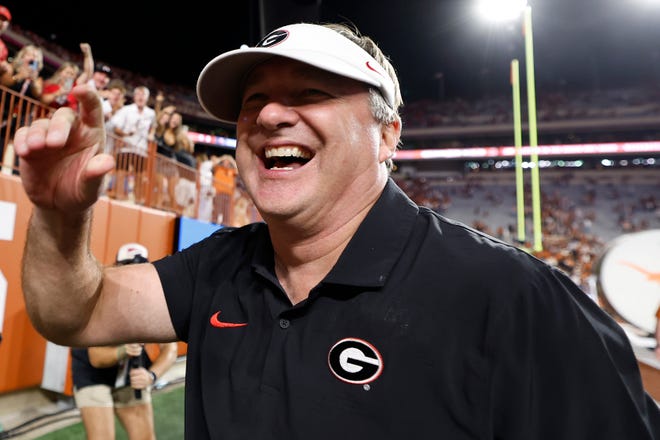 Georgia coach Kirby Smart reacts after defeating Texas 30-15 at Darrell K Royal-Texas Memorial Stadium on Oct. 19, 2024 in Austin, Texas.