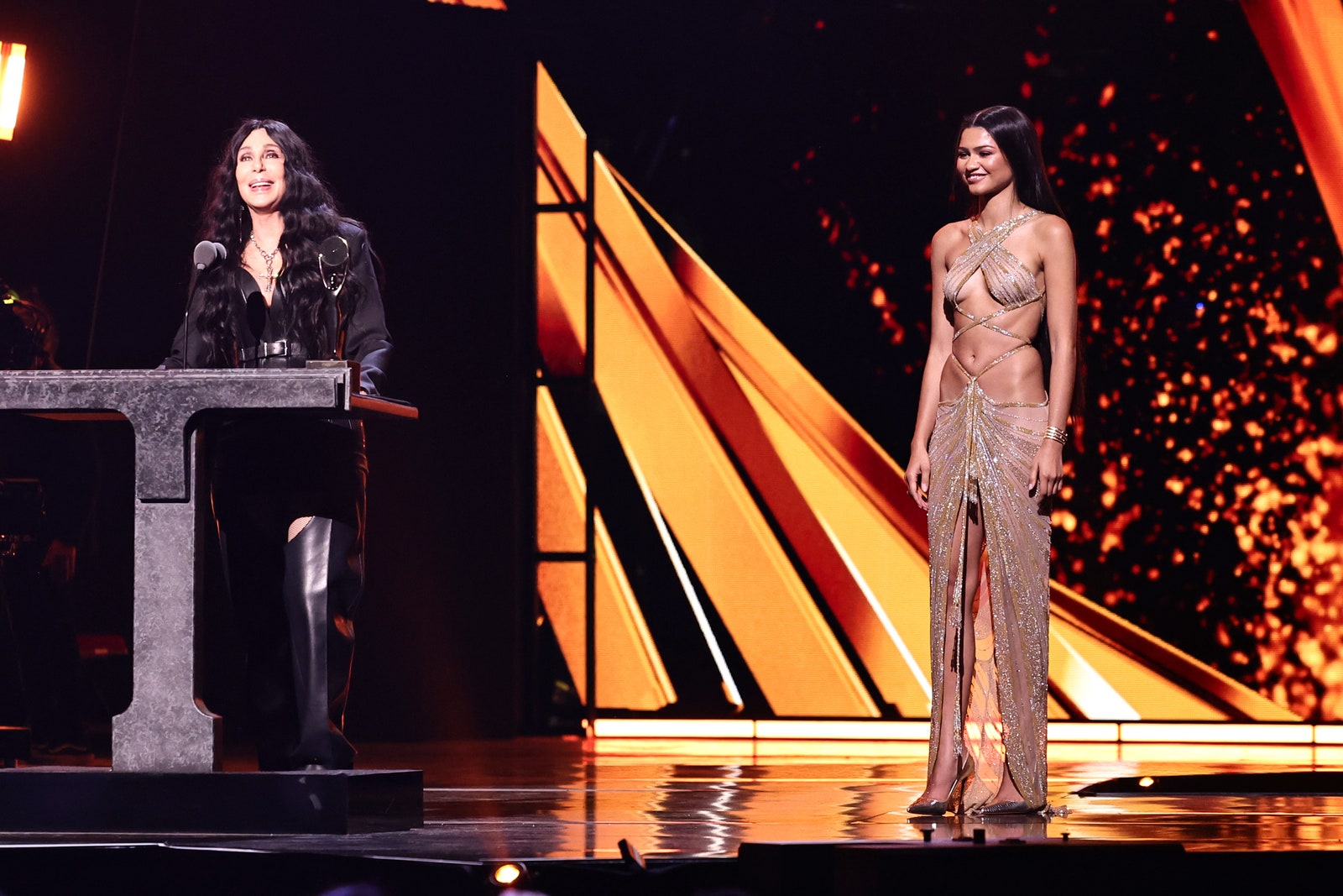 CLEVELAND OHIO  OCTOBER 19 Inductee Cher and Zendaya speak onstage during the 2024 Rock  Roll Hall Of Fame Induction...