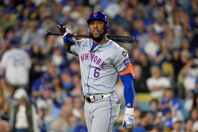 Oct 20, 2024; Los Angeles, California, USA; New York Mets outfielder Starling Marte (6) reacts after striking out in the fifth inning against the Los Angeles Dodgers during game six of the NLCS for the 2024 MLB playoffs at Dodger Stadium. Mandatory Credit: Jayne Kamin-Oncea-Imagn Images