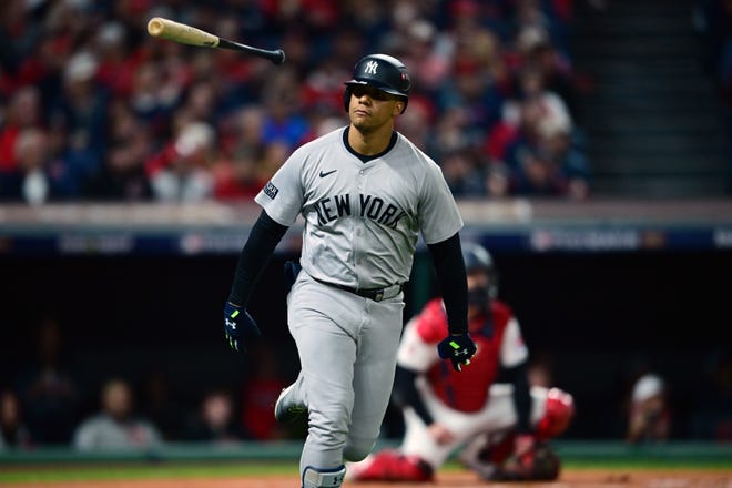 Oct 18, 2024; Cleveland, Ohio, USA; New York Yankees outfielder Juan Soto (22) celebrates after hitting a two run home run against the Cleveland Guardians in the first inning during game four of the ALCS for the 2024 MLB playoffs at Progressive Field. Mandatory Credit: David Dermer-Imagn Images