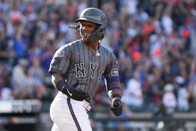 New York Mets shortstop Luisangel Acuña (2) celebrates after hitting a home run during the second inning against the Philadelphia Phillies on Sept. 21, 2024, at Citi Field.