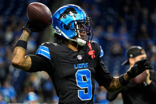 Detroit Lions wide receiver Jameson Williams (9) warms up before the Seattle Seahawks game at Ford Field in Detroit on Monday, Sept. 30, 2024.