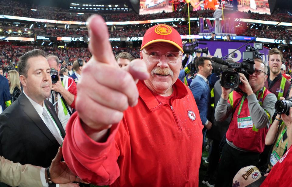 Feb 11, 2024; Paradise, Nevada, USA; Kansas City Chiefs head coach Andy Reid celebrates after winning Super Bowl LVIII against the San Francisco 49ers at Allegiant Stadium. Mandatory Credit: Kirby Lee-USA TODAY Sports